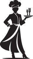 Silhouette of a female chef holding a tray with a fork and knife in black and white vector