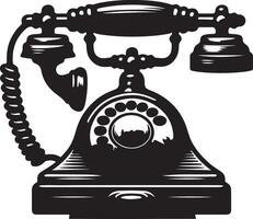 A vintage rotary telephone with a handset and a coiled cord in a black and white illustration vector