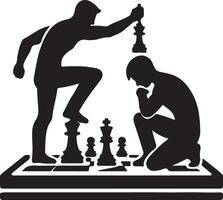 A black and white illustration of a chess game with one player dominating the other player on a board vector