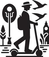Man with hat and backpack riding a scooter in a park with birds and a clock tower in silhouette vector