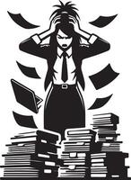 Stressed woman with hands on head surrounded by stacks of paper and flying documents in black and white vector