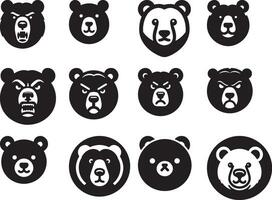 Collection of twelve bear head icons in black and white showing different expressions and styles vector