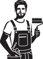 A smiling painter in overalls holding a paint roller and a paint bucket in black and white style vector