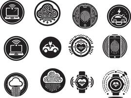 A collection of twelve technology themed icons in black and white showcasing various digital concepts vector