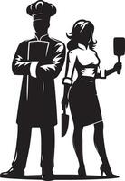 Silhouette illustration of chef and assistant with cooking utensils on white background vector
