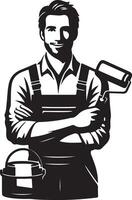 A painter with a roller and a paint bucket in black and white illustration style image vector
