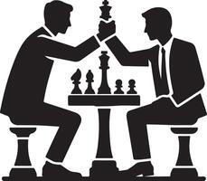 Two silhouetted men in suits playing chess with a king piece being held up in a victory pose vector