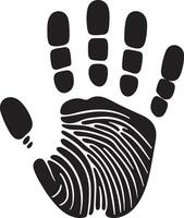 A black and white illustration of a handprint with fingerprint details on a white background vector