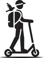 A person on a scooter with a backpack and a bird perched on top in a black and white illustration vector