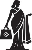 Silhouette of a woman in a saree holding a shopping bag with a diamond pattern design on it vector