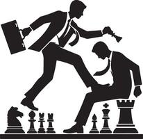 A monochrome illustration showing a businessman stepping over another during a chess game with a briefcase vector
