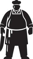 Illustration of a stout chef in black and white holding a knife in his left hand vector