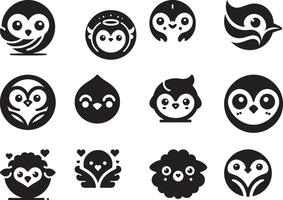 Collection of twelve stylized black and white bird icons in various circular designs and concepts vector