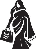 Silhouette of a woman in a sari holding a shopping bag with wavy lines design on the bag front vector