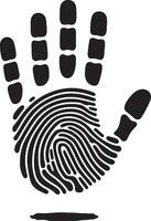 A black and white illustration of a handprint with a fingerprint pattern and blocked finger tips vector