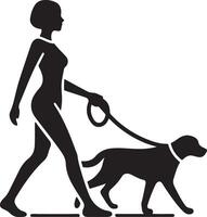 A black silhouette of a woman walking a dog on a leash in a simple and minimalist illustration style vector