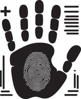 Illustration of a black handprint with a fingerprint in the palm and graphic elements around it vector
