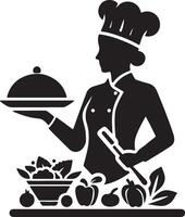 Silhouette of a female chef holding a covered dish with vegetables and a spatula vector