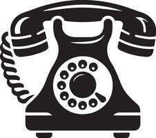 A black and white graphic of a rotary telephone with a coiled cord and a circular dial design element vector