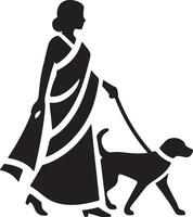 A silhouette of a woman in a saree walking a dog on a leash in a simple black and white illustration vector