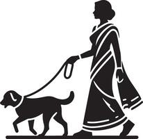 Silhouette of a woman in a sari walking a dog on a leash in a simple black and white design vector