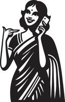 A woman in a sari is talking on a cell phone and pointing with her finger in a black and white image vector