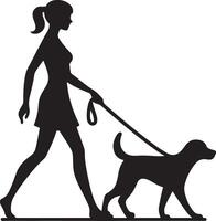 Silhouette of a woman walking a dog on a leash with a ponytail in a simple black and white design vector