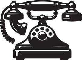 A black and white illustration of a vintage rotary dial telephone with a coiled cord and receiver on hook vector