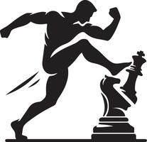 Silhouette of a muscular man stepping on chess pieces in a display of power and strategic dominance vector