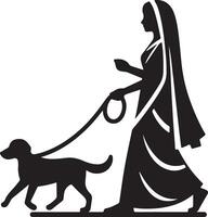 Silhouette of a woman in a sari walking a dog on a leash in a black and white illustration style vector