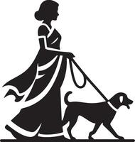 Silhouette of a woman in a saree walking a dog on a leash in a simple black and white design style vector