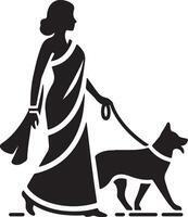Silhouette of a woman in a sari walking a dog on a leash in a simple black and white illustration vector