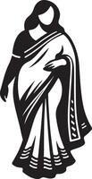 Illustration of a woman in a saree with black and white color scheme and simple design elements used vector