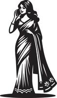 Illustration of a woman in a sari talking on a phone in black and white design style vector