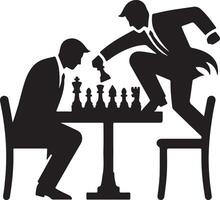 A black and white silhouette of two men playing chess with one jumping over the chessboard aggressively vector