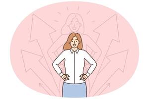 Purposeful business woman keeps hands on belt standing near arrows pointing up vector
