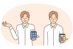 Sad and cheerful man holding Rubiks cube trying to assemble logic toy by solving puzzle vector