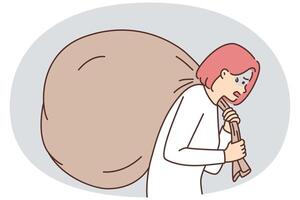 Tired girl with big bag behind back suffers due to overestimation of own strength vector