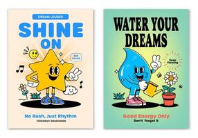 Retro cartoon smiled Golden Star and Watter drop mascot character surrounded by smiled elements and motivation lettering. Illustration for t-shirt print or poster design vector
