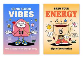 Retro cartoon smiled Envelope and Cup of Coffee mascot character surrounded by smiled elements and motivation lettering. Illustration for t-shirt print or poster design vector
