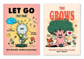 Retro cartoon smiled Dandelion and Old Tree mascot character surrounded by smiled elements and motivation lettering. Illustration for t-shirt print or poster design. vector