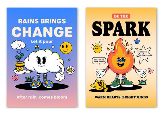 Retro cartoon smiled Cloud and Fir emascot character surrounded by smiled elements and motivation lettering. Illustration for t-shirt print or poster design