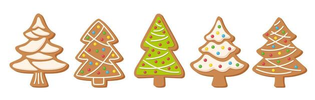 Gingerbread Christmas trees set. Traditional holiday cookies for Christmas with decorations and patterns made of icing and confectionery sprinkles.. vector