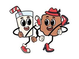 Christmas groovy characters - glass of milk and cookie dancing cancan, holding hands. Funny and cool holiday retro characters. Isolated on white background. vector