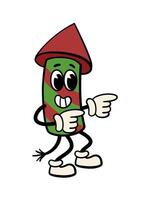 Groovy Christmas character firecracker. Red and green firework ready to fly. Cheerful cartoon character. Isolated on white background. vector