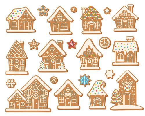 Christmas gingerbread cookies set. Gingerbread houses with decorations and patterns made of icing and confectionery sprinkles. A festive traditional treat, perfect for cards, packaging.