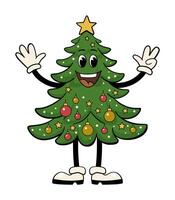 Groovy Christmas tree funny character. Smiling tree with raised hands in greeting. Retro illustration on white background. vector