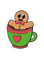 Groovy gingerbread man relaxing in a cup of chocolate. Christmas cool and funny character. vector
