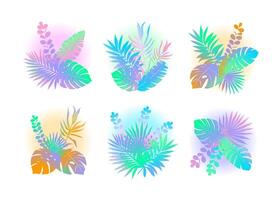 Set of bouquets with tropical plants in the style of aloha. Delicate gradient color transitions and grainy texture. vector