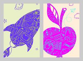 A set of abstract backgrounds for a poster on the theme of education with contour drawings of knowledge symbols and stationery. Welcome back to school. vector